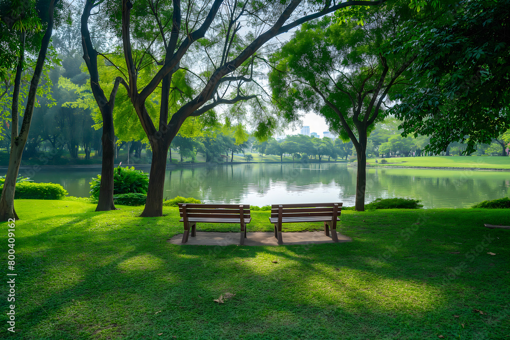 Bench in the park with green grass and tree background, public park