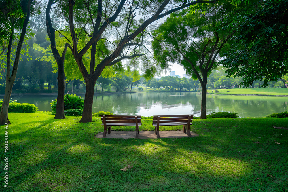 Bench in the park with green grass and tree background, public park Bench in the park with green grass and tree background, public park