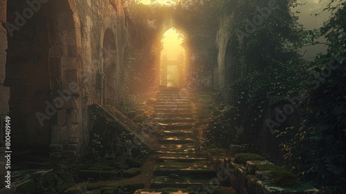 A mystical pathway through ancient ruins  hinting at the passage of time and the eternal nature of the soul on Ascension Day. 