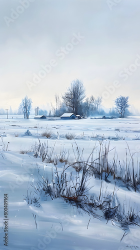 A serene winter landscape painting with minimalist details, capturing the quiet beauty of snow-covered fields.