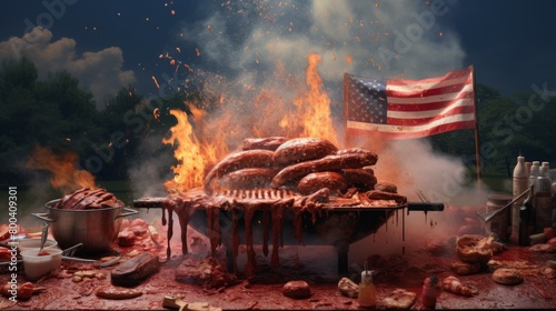 A surreal image capturing an over-the-top BBQ with giant flaming meats under an American flag, invoking a strong presence