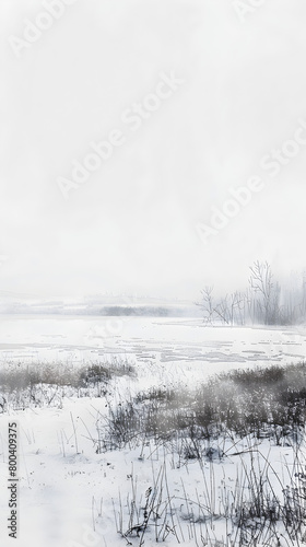 A serene winter landscape painting with minimalist details, capturing the quiet beauty of snow-covered fields.