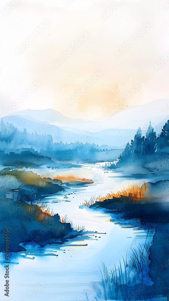 A soothing watercolor painting of a peaceful river flowing gently through a minimalist landscape.


