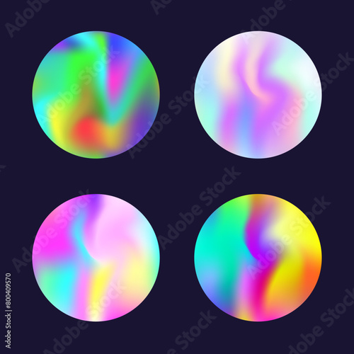Holographic abstract backgrounds set. Gradient hologram. Vibrant holographic backdrop. Minimalistic 90s, 80s retro style graphic template for book, annual, mobile interface, web app.