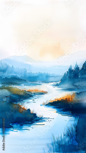 A soothing watercolor painting of a peaceful river flowing gently through a minimalist landscape.   