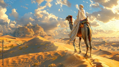 Camel silhouetted against sunset sky on desert sand dune
