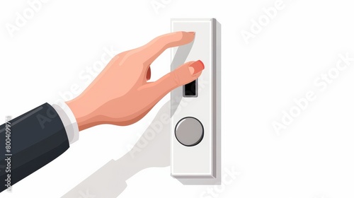 An illustration of a hand pressing a doorbell button, typically signaling someone's arrival at a door.