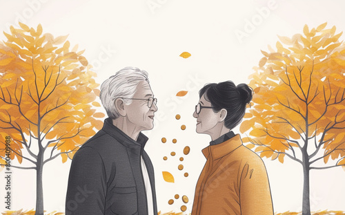 An elderly couple looking at an illustration of gold coins growing on the tree