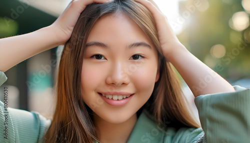 Hyper detailed, hyper realistic close up portrait of a Asia girl on her head ,real people, Generative AI.