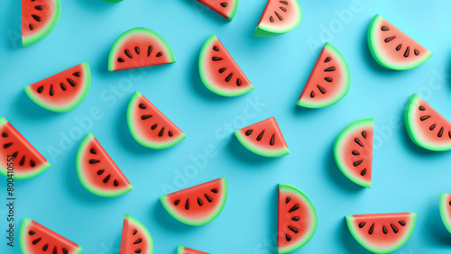 Flat Lay,3D Illustration, Frische Stücke von Wassermelonen auf türkisfarbenem Hintergrund verteilt, sommerliches Arrangement von Obst photo