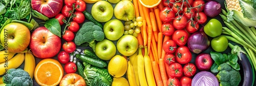 Bright rainbow of fresh fruits and vegetables arranged in a seamless pattern