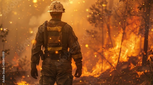 A firefighter stands amidst a wildfire