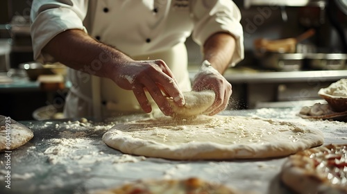 A chef skillfully prepares pizza dough in a flour-dusted kitchen photo