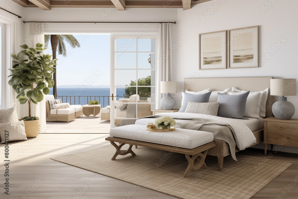 Fototapeta premium Luxurious Interior of a modern bedroom, views of the Mediterranean sea.