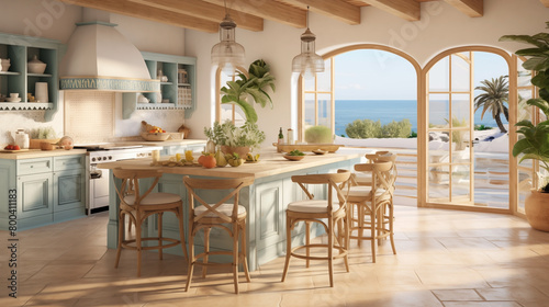 Luxurious Interior of a modern kitchen, views of the Mediterranean sea. © Jaroon