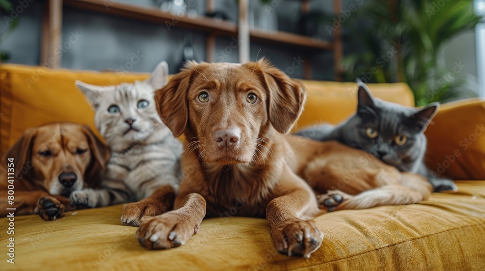 A brown dog and three cats on a yellow sofa A brown dog and three cats on a yellow sofa