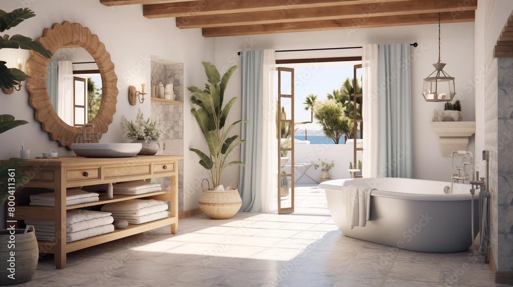 Luxurious Interior of a modern bathroom, views of the Mediterranean sea. Luxurious Interior of a modern bathroom, views of the Mediterranean sea.