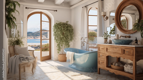 Luxurious Interior of a modern bathroom  views of the Mediterranean sea.