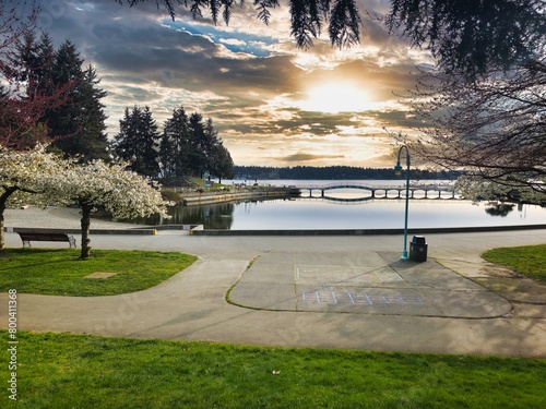 Nanaimo Maffeo sutton Park bridge in the morning, spring day, trees in bloom