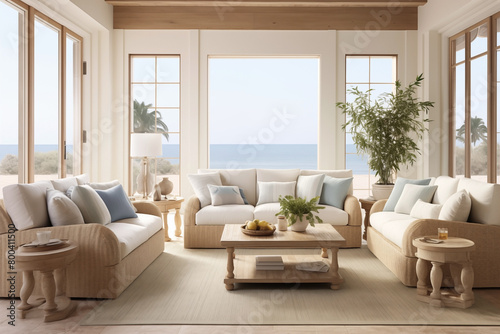 Luxurious Interior of a modern living room, views of the Mediterranean sea. © Jaroon