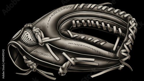 Single baseball glove with detailed monochrome design against a dark background