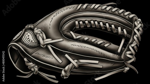 Single baseball glove with detailed monochrome design against a dark background photo