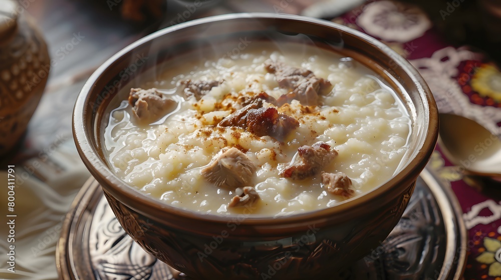 A steaming bowl of savory meat porridge topped with spices A steaming bowl of savory meat porridge topped with spices