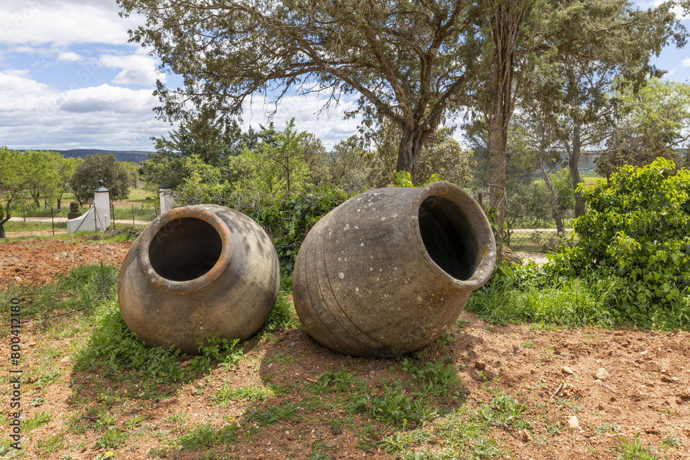 Large jars modeled in clay and traditionally used to store wine, water, oil or cereals with decorative use in the meadow of a farm in a country house Large jars modeled in clay and traditionally used to store wine, water, oil or cereals with decorative use in the meadow of a farm in a country house