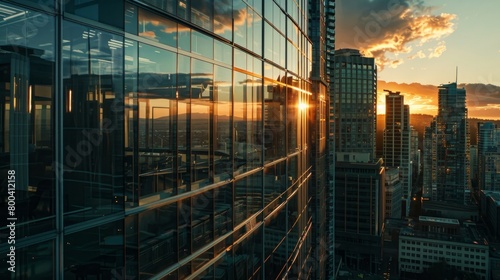 An office building's glass facade is depicted against the backdrop of a city skyline.