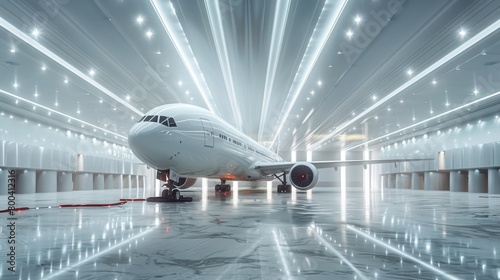 Sleek jet in futuristic airport corridor  illuminated by ambient lighting and reflections on polished floor