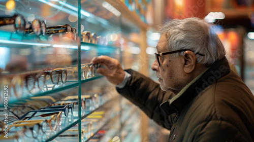 an elderly caucasian man chooses a frame for glasses. Optics store for the elderly. vision correction for the elderly © MariКа