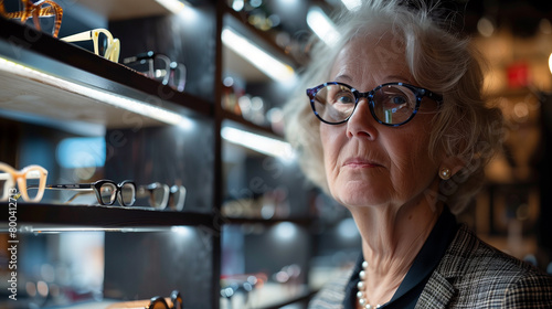 an elderly caucasian woman with glasses on the background of a showcase with eyeglass frames. Optics store for the elderly. vision correction for the elderly