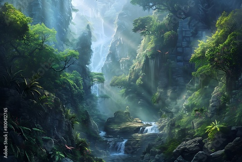 A deep ravine with a hidden river flowing at the bottom  surrounded by exotic flora