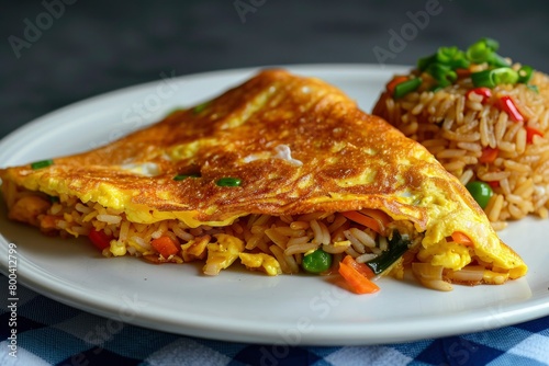 Egg omelette and fried rice on a white plate.