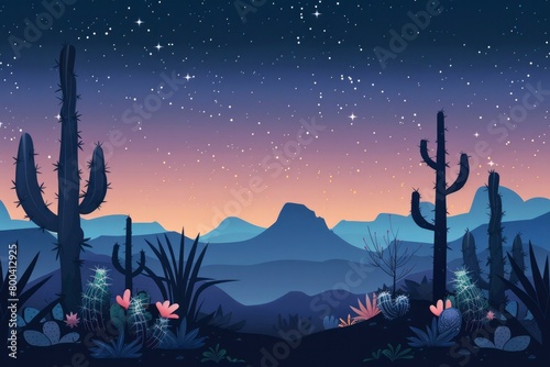 Starry night sky with cacti silhouettes, colorful desert view