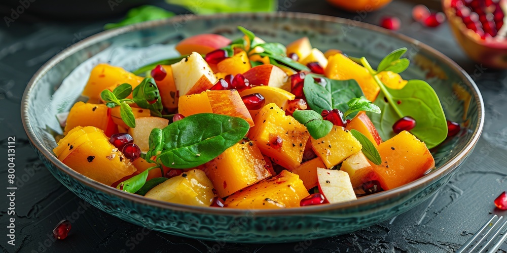 Autumn salad with apples, squash, pomegranate, cheese and spinach