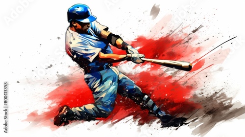 A dynamic illustration featuring a baseball batter swinging with a forceful explosion of color and motion photo