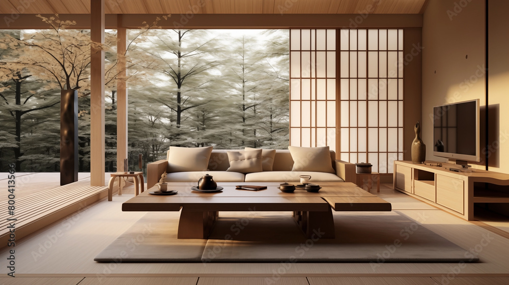 Japanese Zen-style living room interior design. Japanese Zen-style living room interior design.