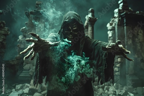 Malevolent Necromancer Summons Dark Spirits in Crumbling Ancient Ruins with Eerie Arcane Energy Glow