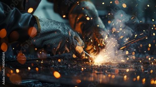 WHS or labor safety concept, close up of welding hands with sparks and smoke in a factory workshop area, focusing on the hand of a worker wearing protective gloves while welding a metal piece
