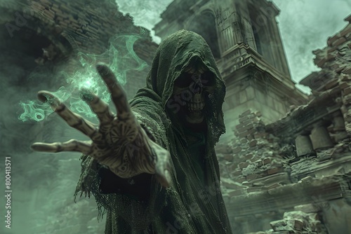 Malevolent Necromancer Summoning Shadowy Spirits Amid Crumbling Gothic Ruins