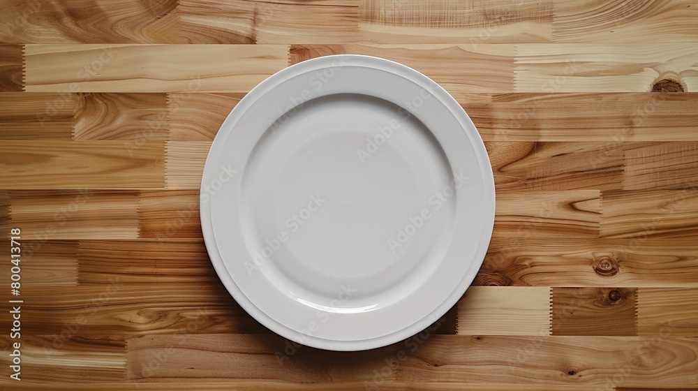 A white ceramic plate on a light wood table with a minimalist centerpiece, focusing on geometry and symmetry in table setting A white ceramic plate on a light wood table with a minimalist centerpiece, focusing on geometry and symmetry in table setting