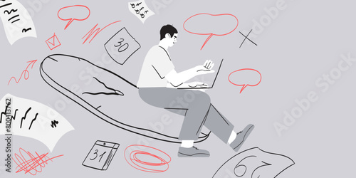 Time management and work organization concept. Modern flat digital illustration of workflow metaphor, watch, clock and people in office. Creative vector illustration for web page, banner, poster, ads.