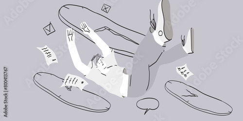 Urgency, stress or anxiety at office routine, overload or overworked man fall down running out of time. Time management vector illustration. Workload and aggressive deadline, exhaustion and burnout.