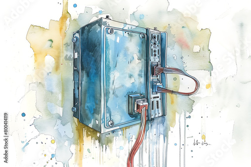 Minimalistic watercolor of a Power Supply Unit (PSU) on a white background, cute and comical. photo