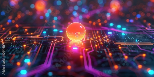 abstract illustration of colorful neon circuit with glowing orange ball on black surface