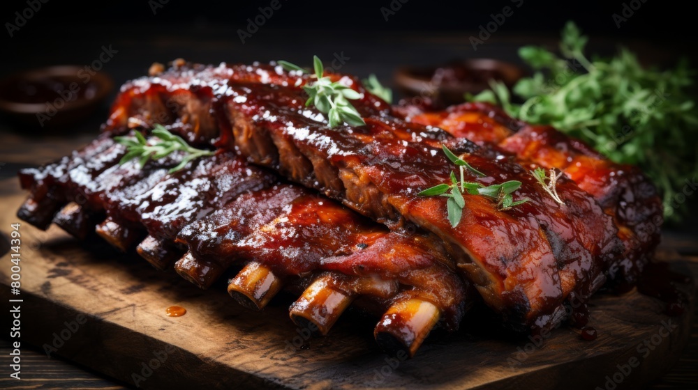 High-quality image showcasing smoked ribs with tender meat, coated in BBQ sauce on a rustic background