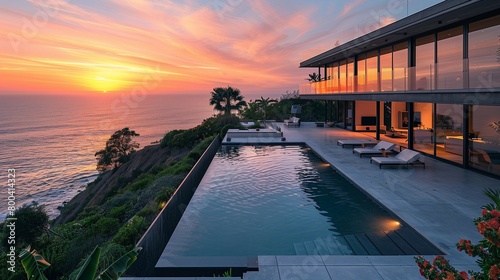 Contemporary Hilltop Residence with Ocean Sunset View, generative ai © Matus