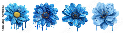 Flowers dripping blue paint cutout set, decor flower head, growth ornate season photo