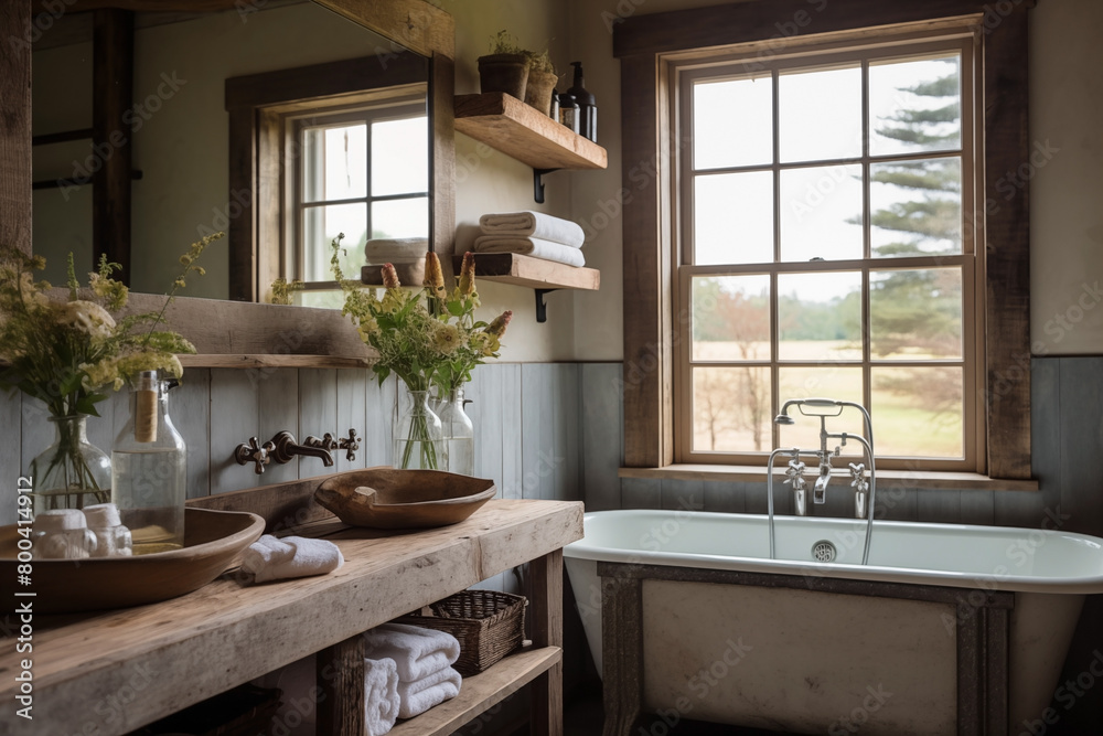 Farmhouse rustic interior design of modern bathroom.